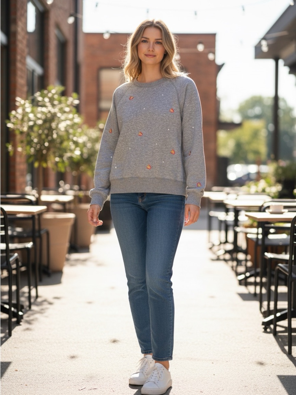 Gray Sweatshirt with Small Rainbow Embroidery